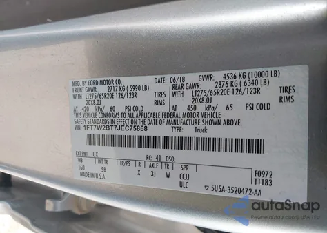 2018 Ford F250 Lariat z USA, uszkodzony, nr VIN 1FT7W2BT7JEC75868